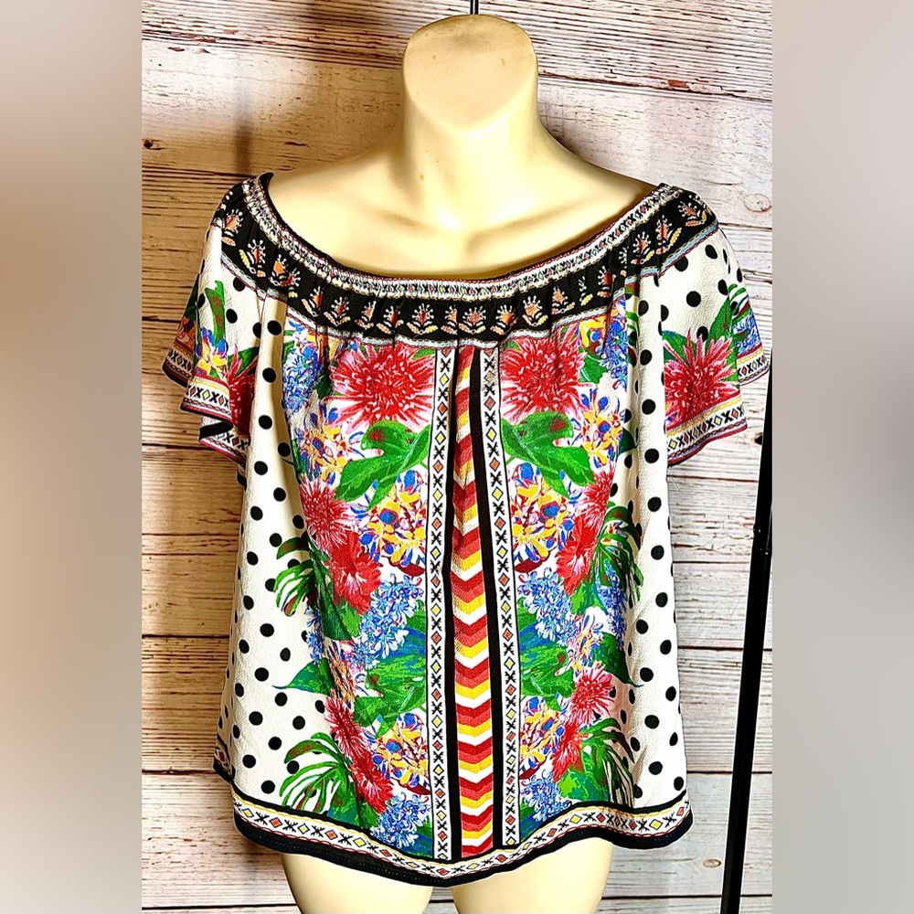 Flying Tomato Bell Sleeve Off The Shoulder Boho Floral Polka Dot Top Sz M